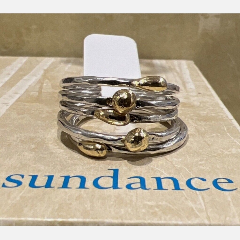 NEW Sundance Catalog Silver Set Of 5 “Gold Topped Ring” Size 7